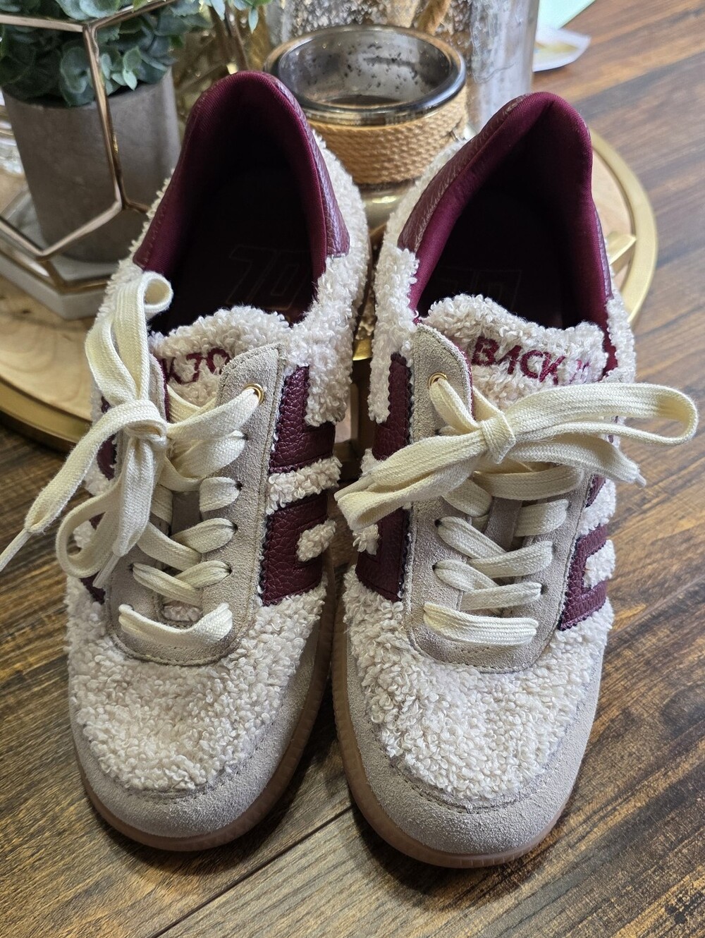 back 70 Sherpa Lace-Up Sneakers in Cream and Burgundy